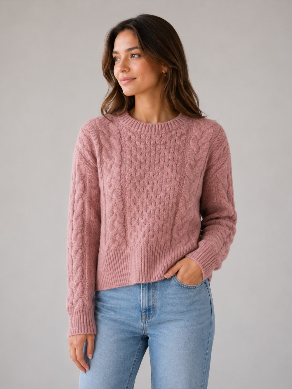 Ann Taylor Cable Knit Crewneck Sweater - Rose pink wool blend size small